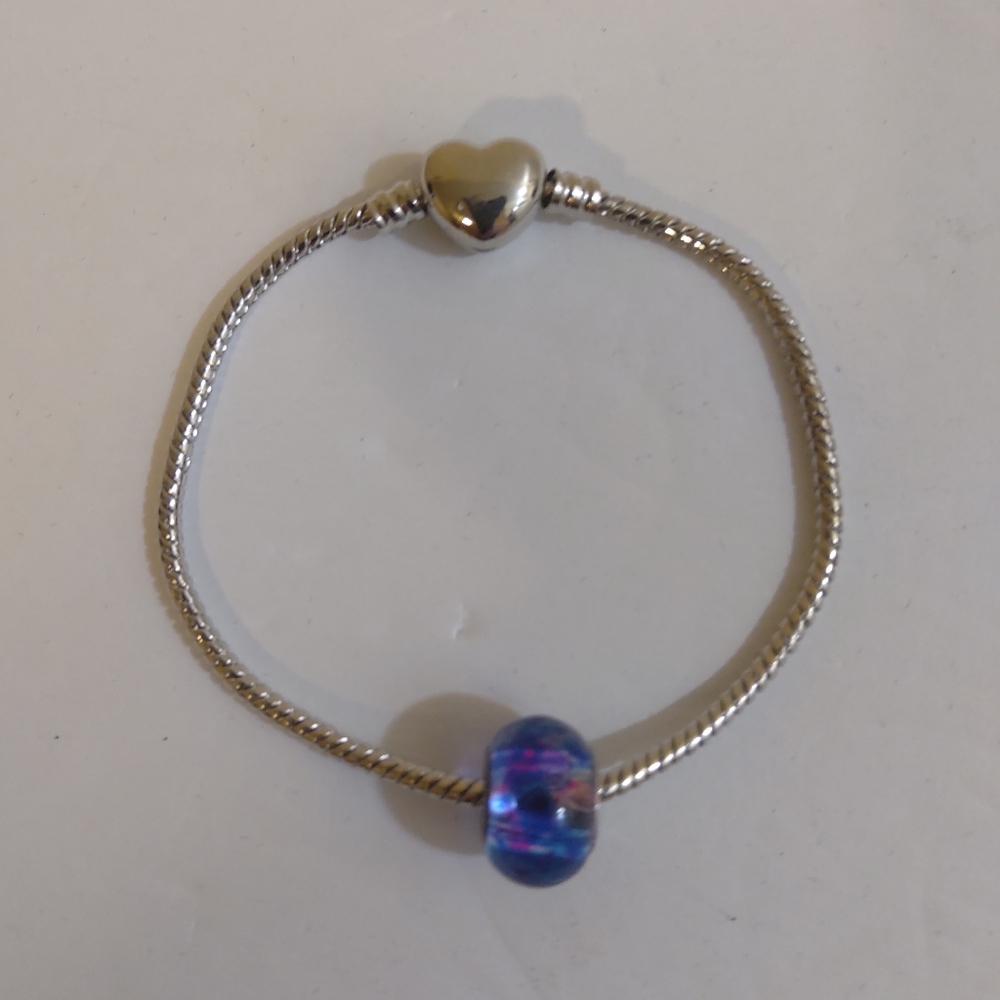 NEW Handcrafted Heart Locket Blue Glass Bead  Bracelet  6"- 7.5